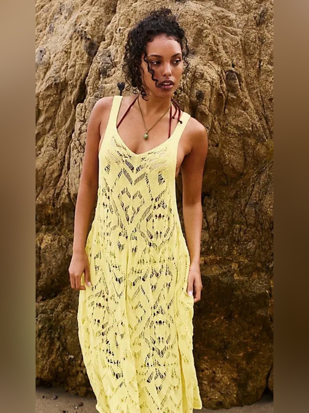 Free People Bianca fauxchet Yellow Crochet Maxi Cover-Up Dress